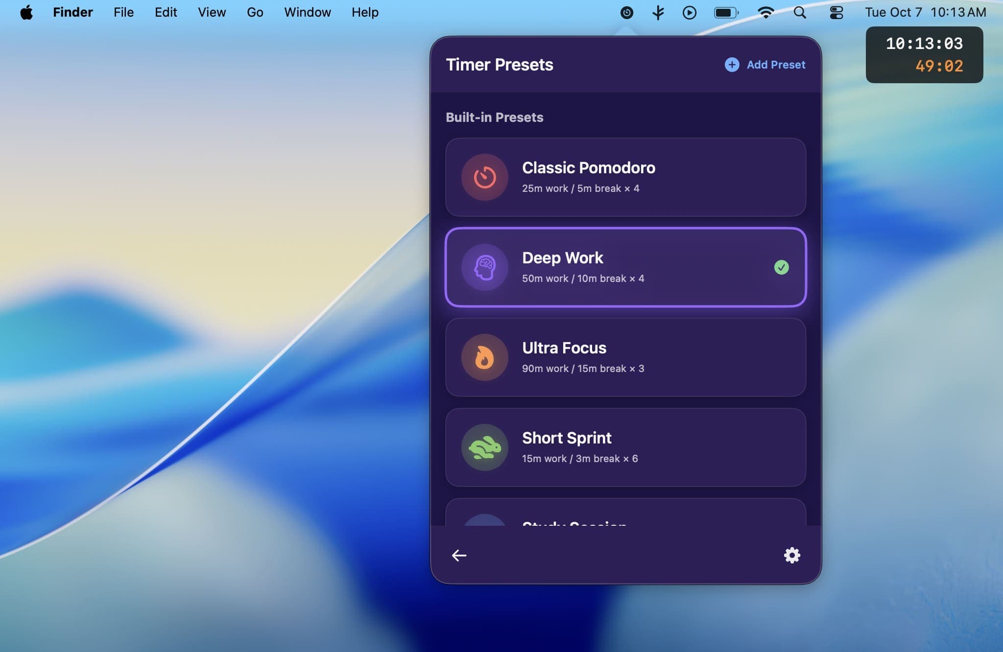 Custom timer presets